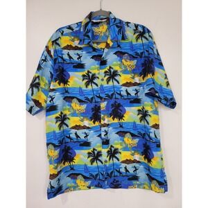 Hawaiin Shirt Alvish Blue Yellow  Button Shirt Surfer Beach Large